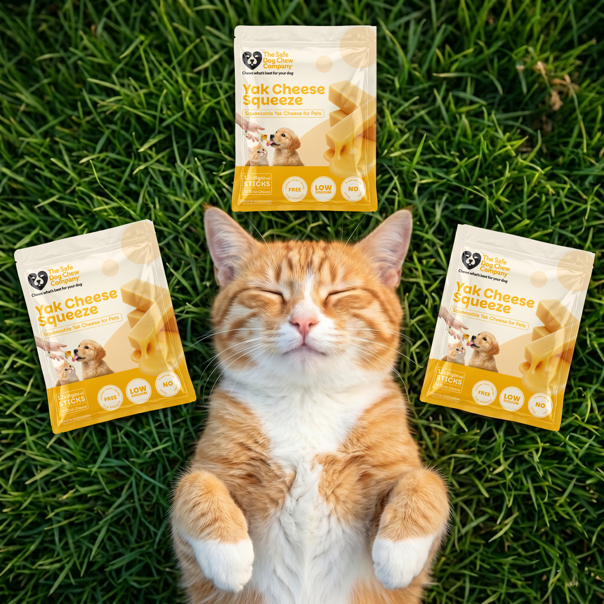 An orange and white cat lies on its back on the grass, surrounded by three packages of pet treats.