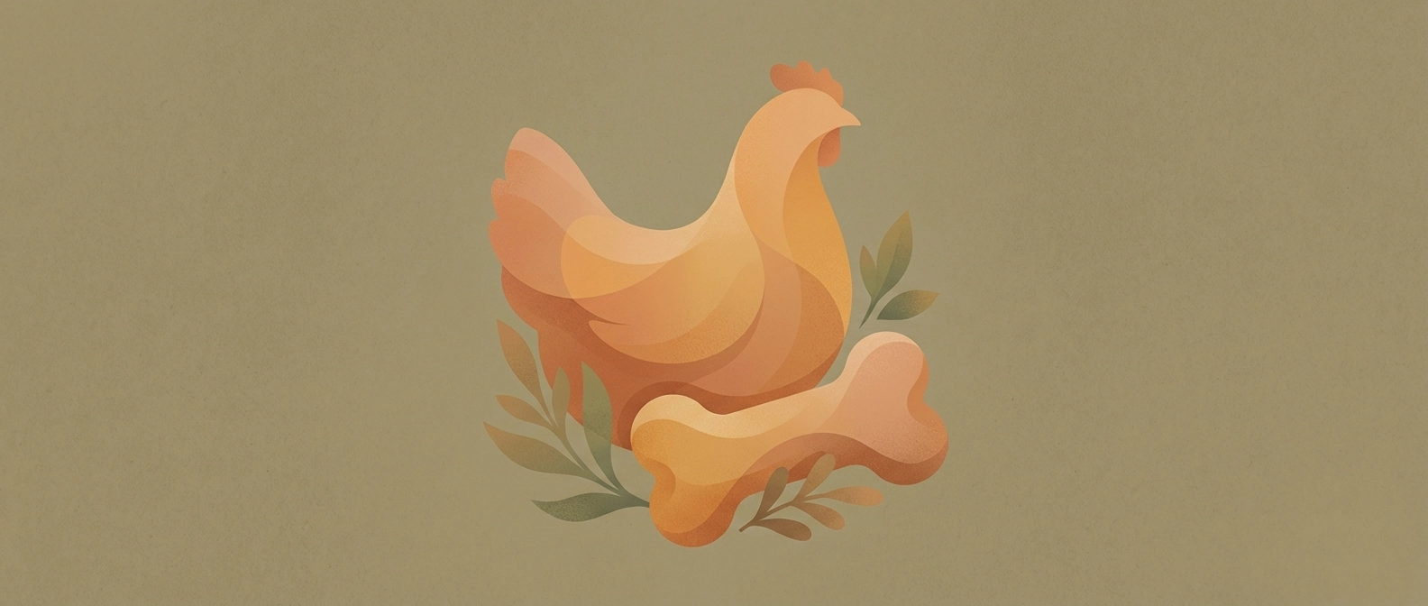 A stylized illustration of a chicken and a large bone surrounded by green leafy sprigs.