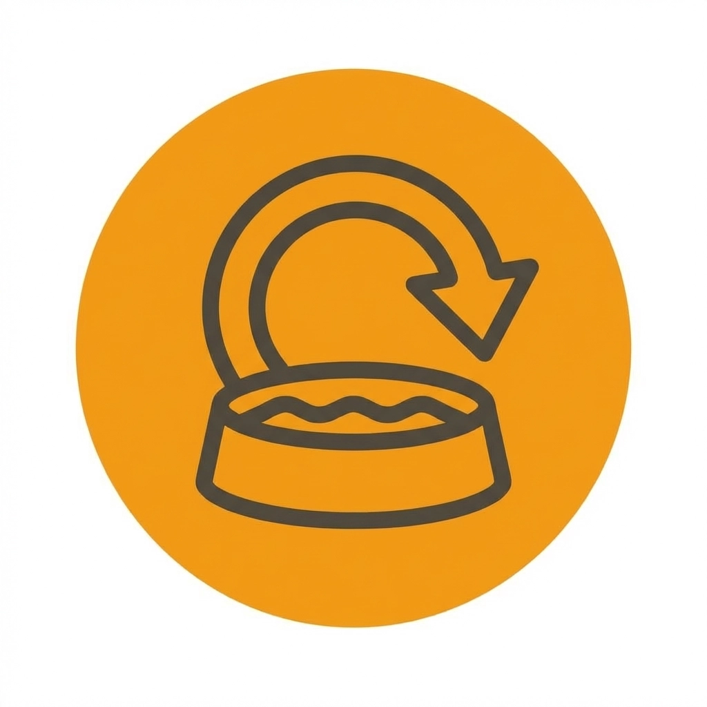An orange circular icon with a line drawing of a refresh arrow pointing into a bowl.