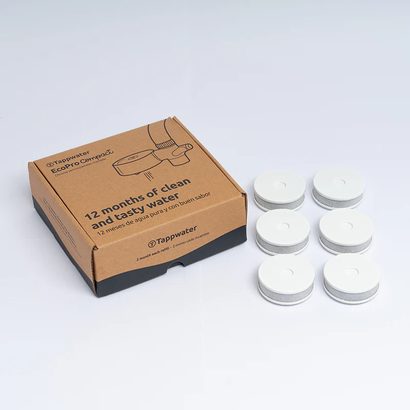 Box of water filters with six white filter discs on a white background.
