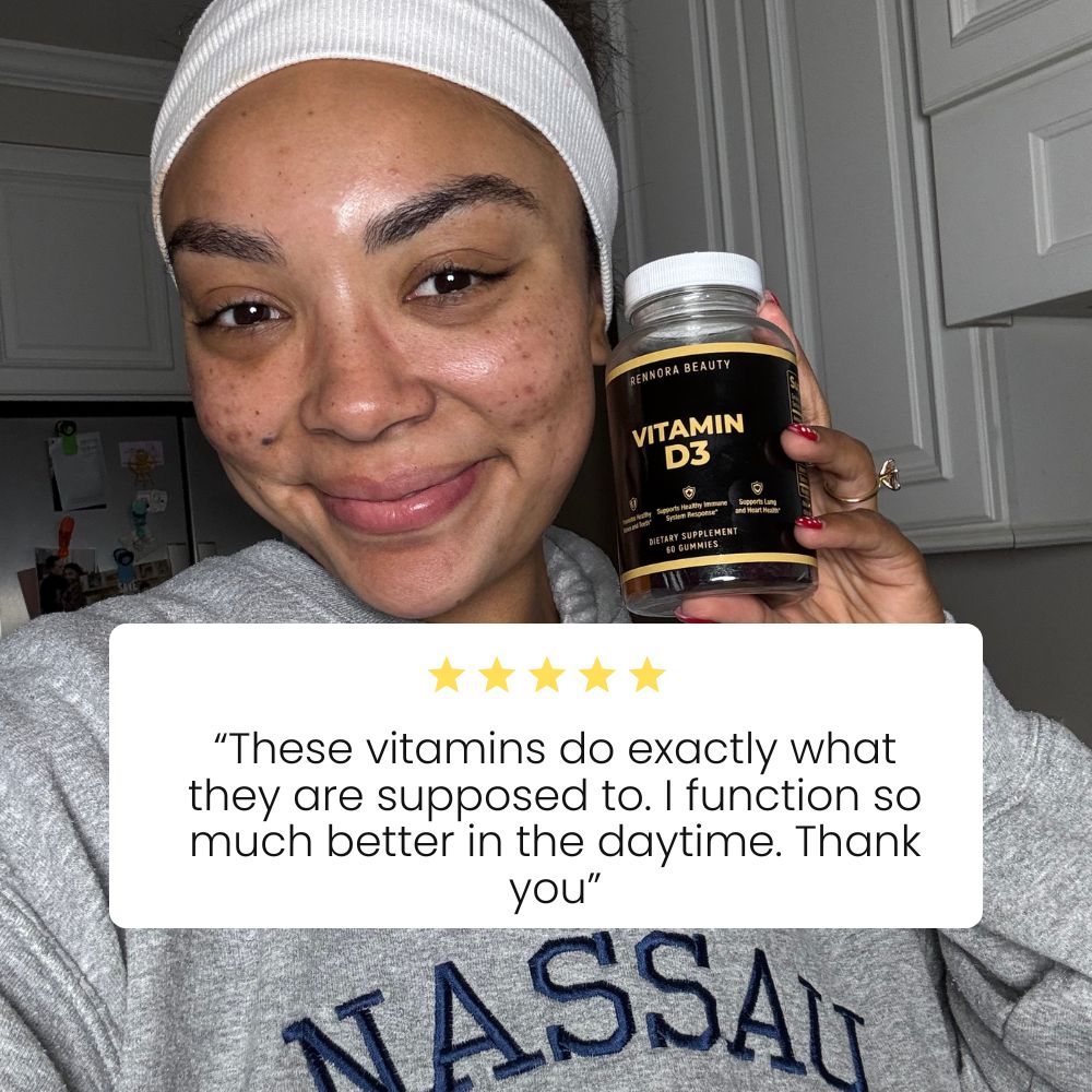 Person holding a bottle labeled Vitamin D3, displaying a five-star review.