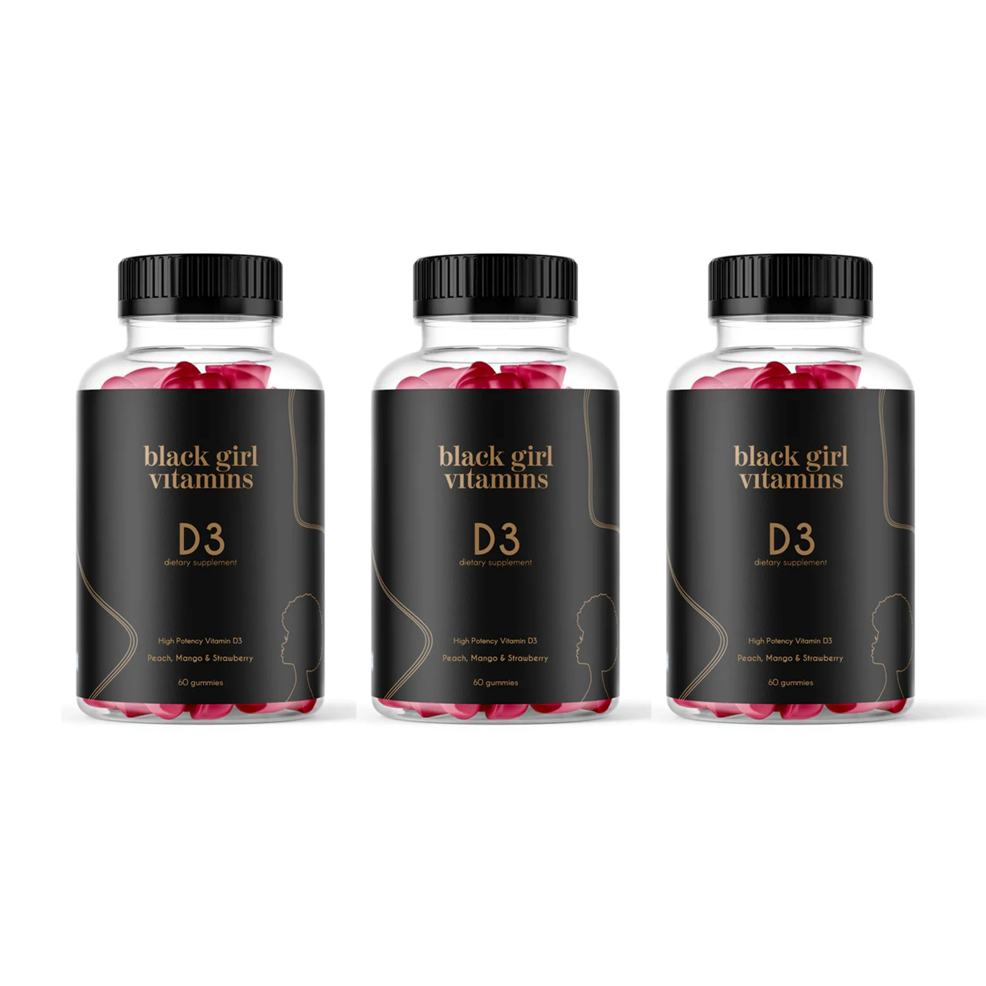 Three bottles of D3 dietary supplement with black labels.
