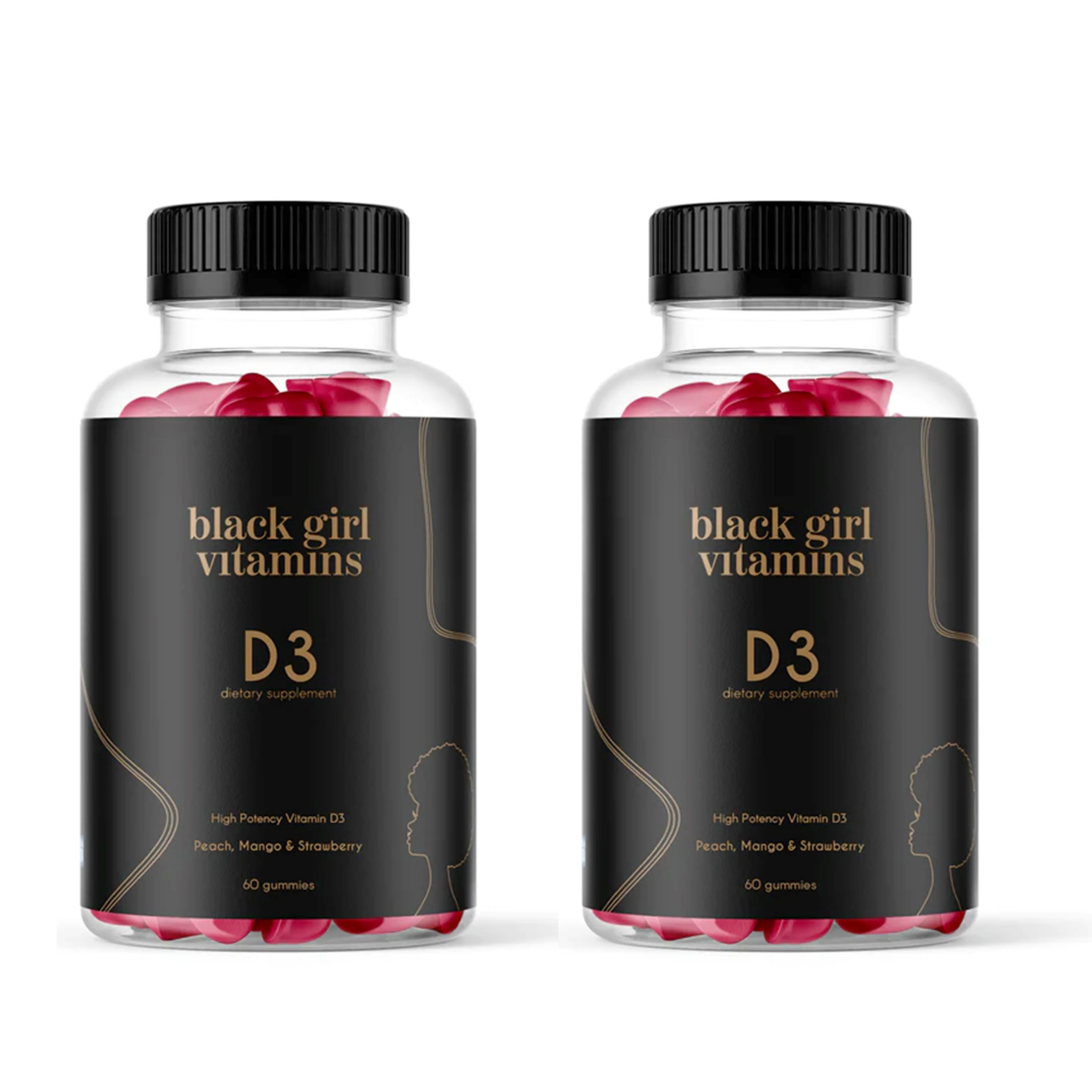 Two bottles of D3 dietary supplement gummies with black labels.