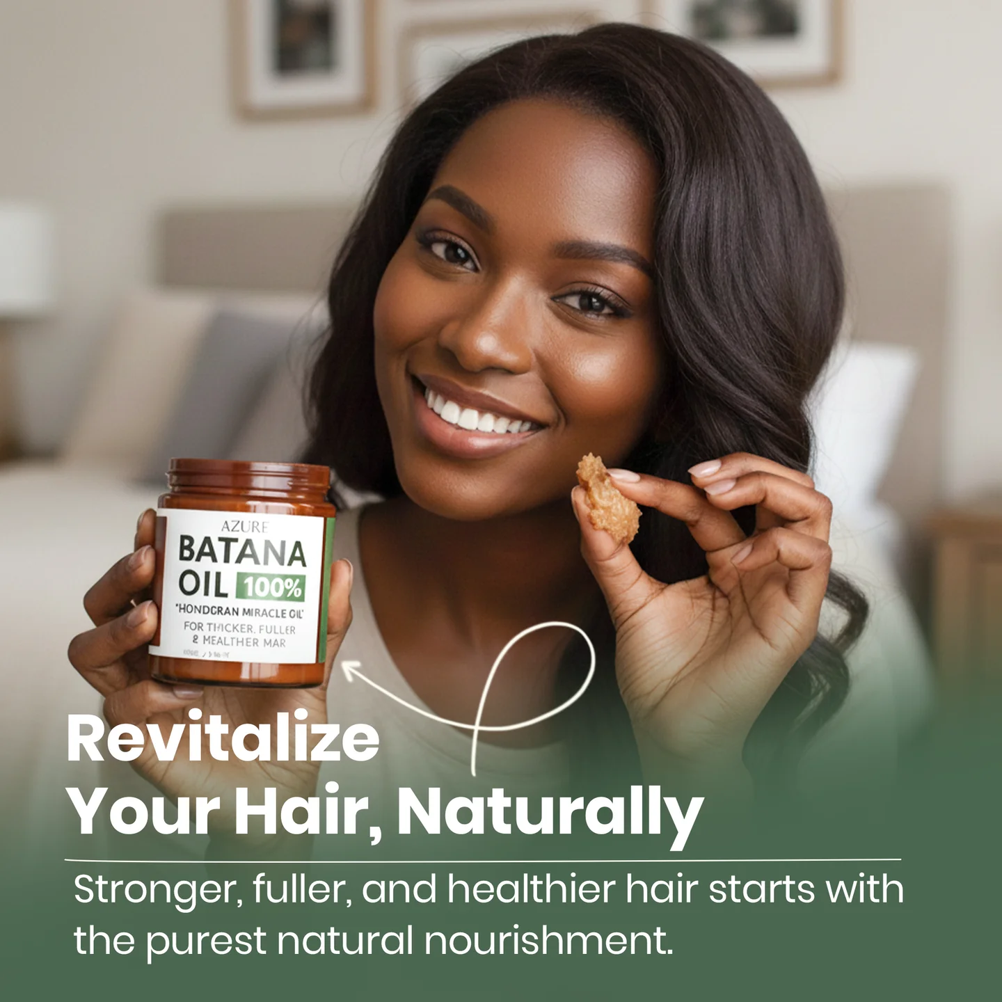 A smiling woman holds a jar of Azure Batana Oil and a small piece of the product.