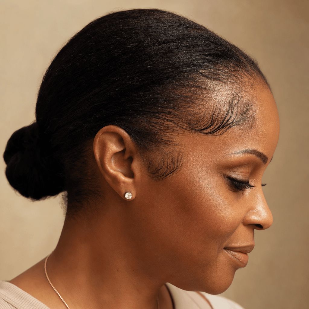A close-up side profile of a woman with her hair in a bun, wearing a stud earring.
