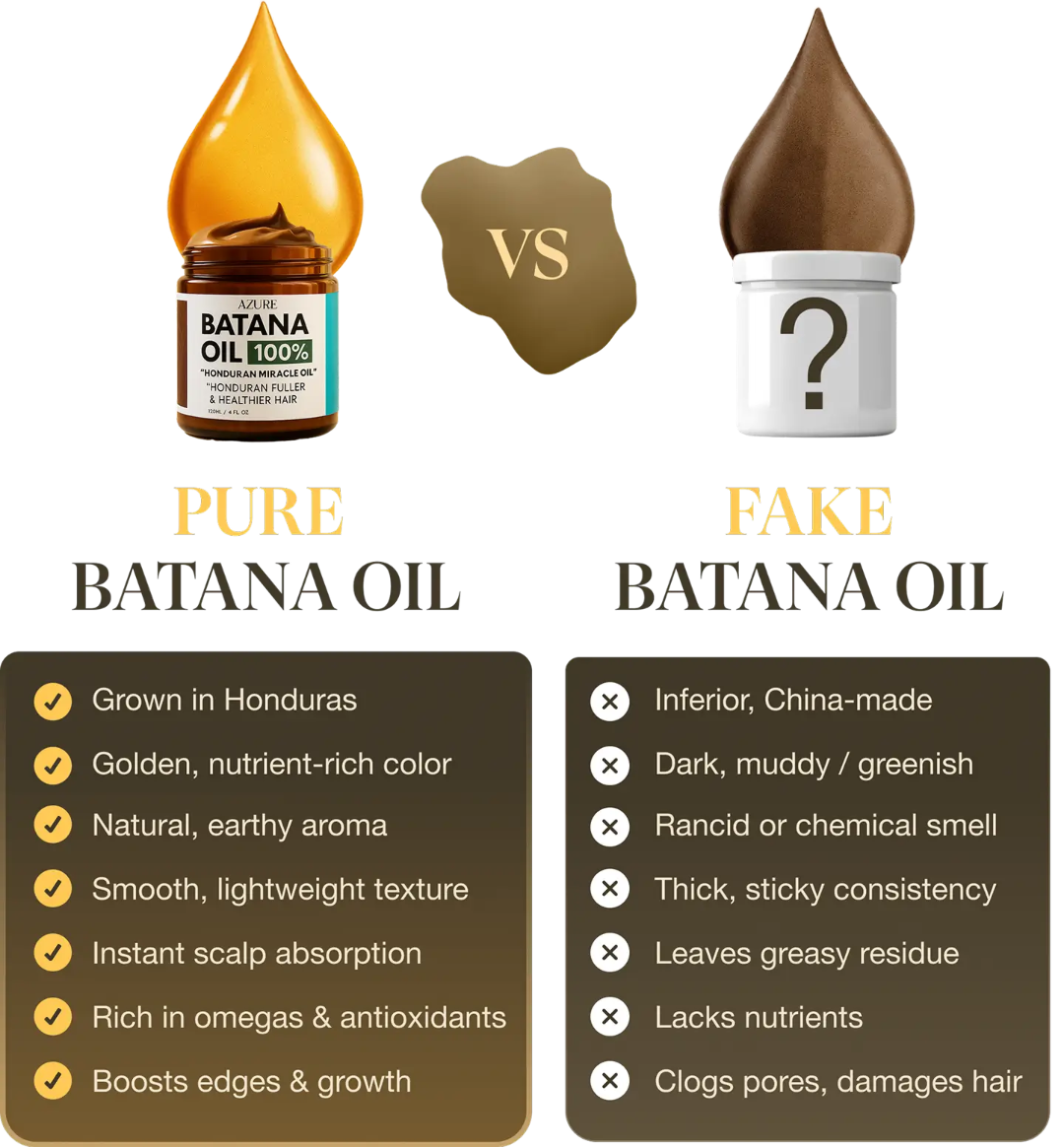 An infographic comparing the qualities of pure, golden Batana Oil versus fake, dark, muddy Batana Oil.