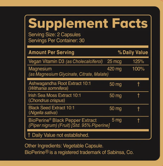 Supplement facts label for a capsule with various ingredients and daily values.