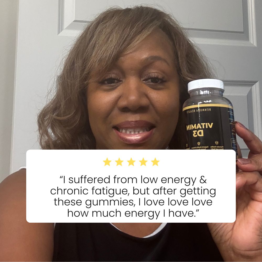 Person holding a bottle labeled Vitamin D3 with a positive testimonial.