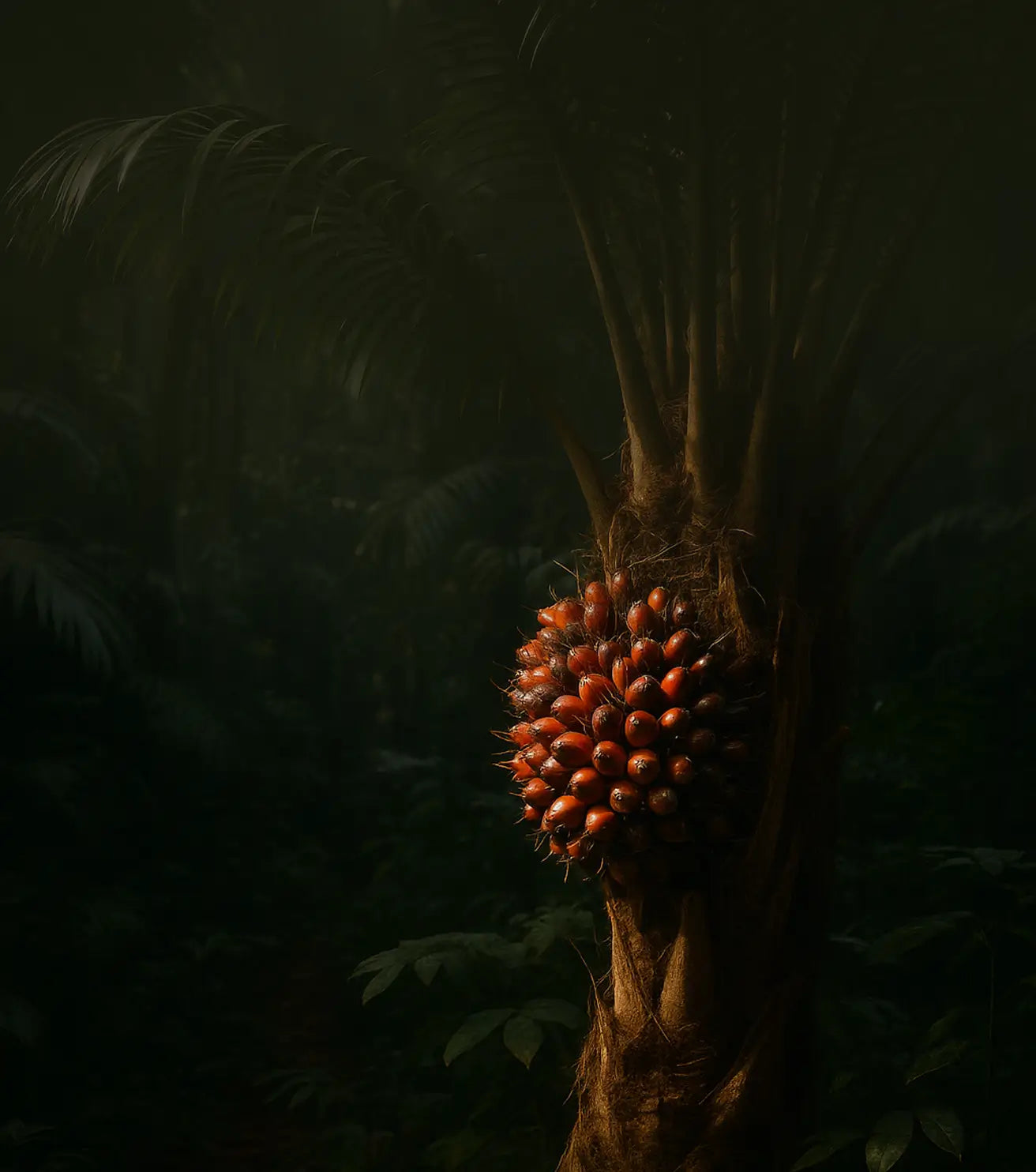 A cluster of reddish-orange oil palm fruit growing on the trunk of a tree in a dark forest.