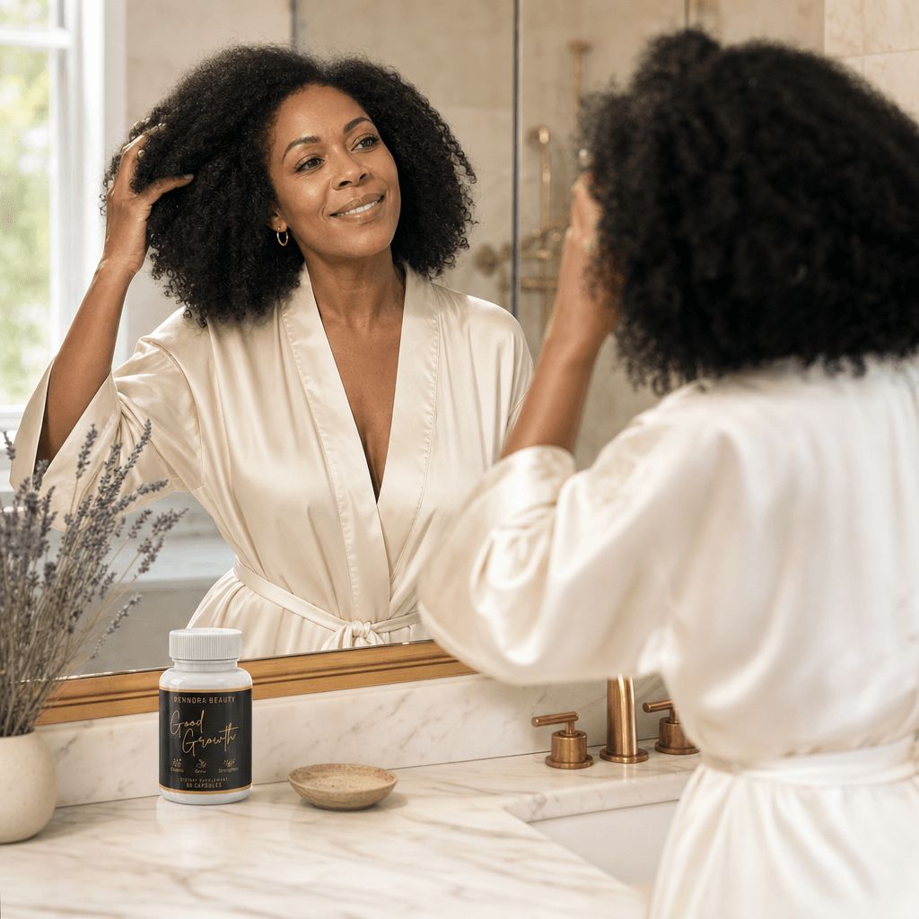 A woman in a satin robe looks in a bathroom mirror, touching her hair, with supplements on the counter.