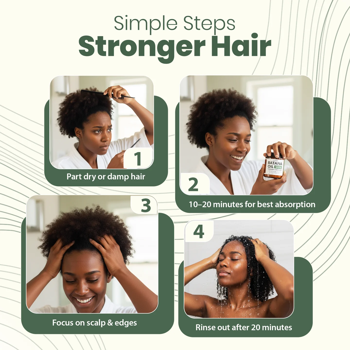 An infographic showing a woman demonstrating a four-step routine for stronger hair using Batana Oil.
