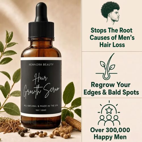 An advertisement for Rennora Beauty Hair Growth Serum showing the bottle, ingredients, and benefits for men's hair loss.