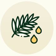A circular icon showing a green leafy frond and two yellow liquid drops.