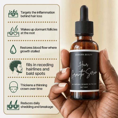 A person holds a bottle of Rennora Beauty Hair Growth Serum next to an infographic listing its benefits.