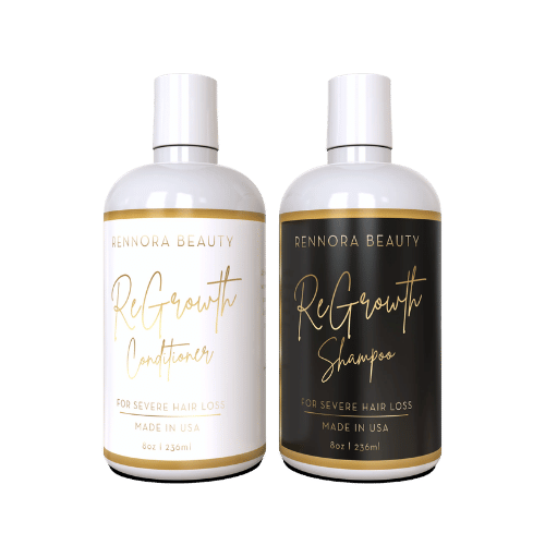 A white bottle of Rennora Beauty ReGrowth Conditioner next to a black bottle of ReGrowth Shampoo.