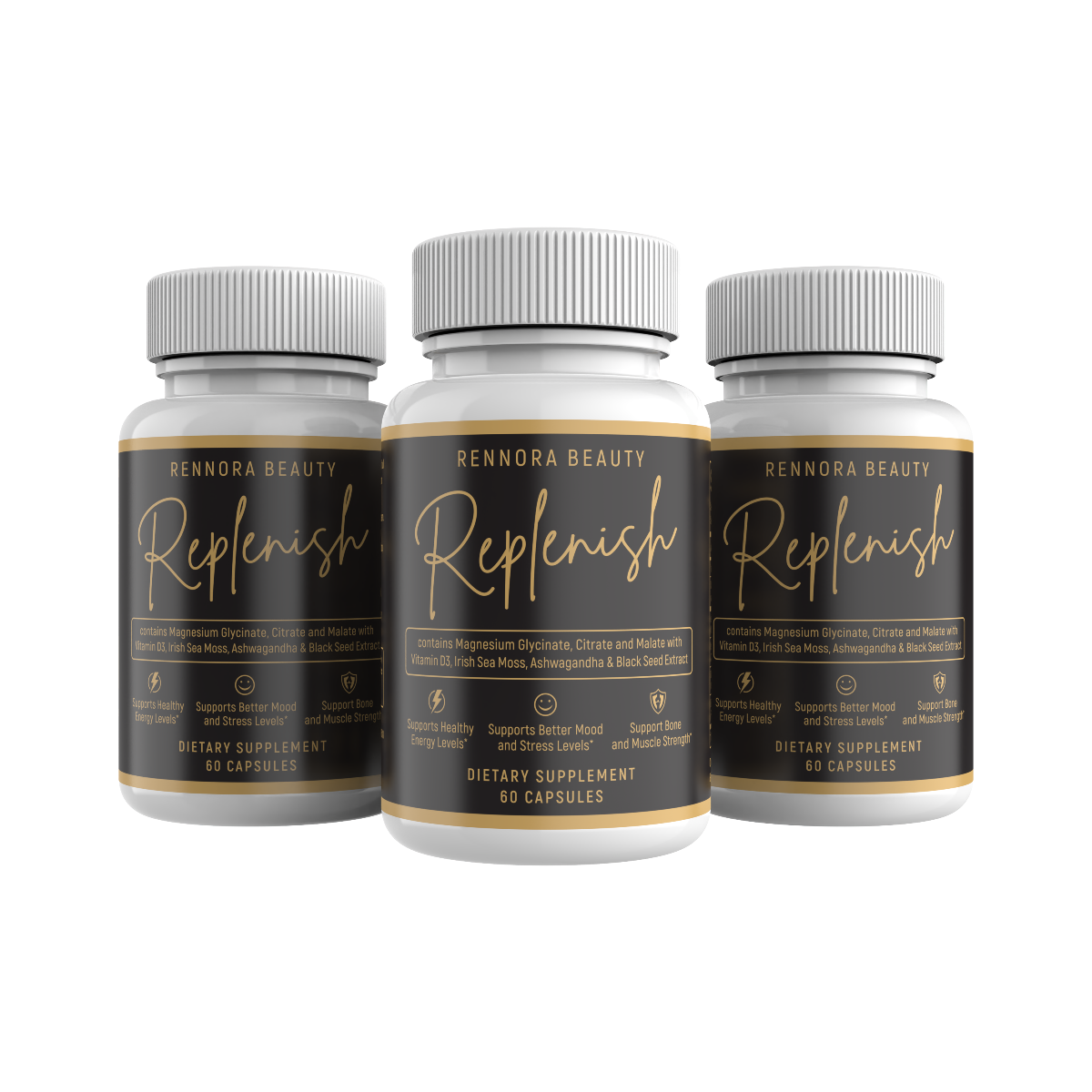 Three bottles of RENNORA BEAUTY Replenish dietary supplements with black and gold labels.