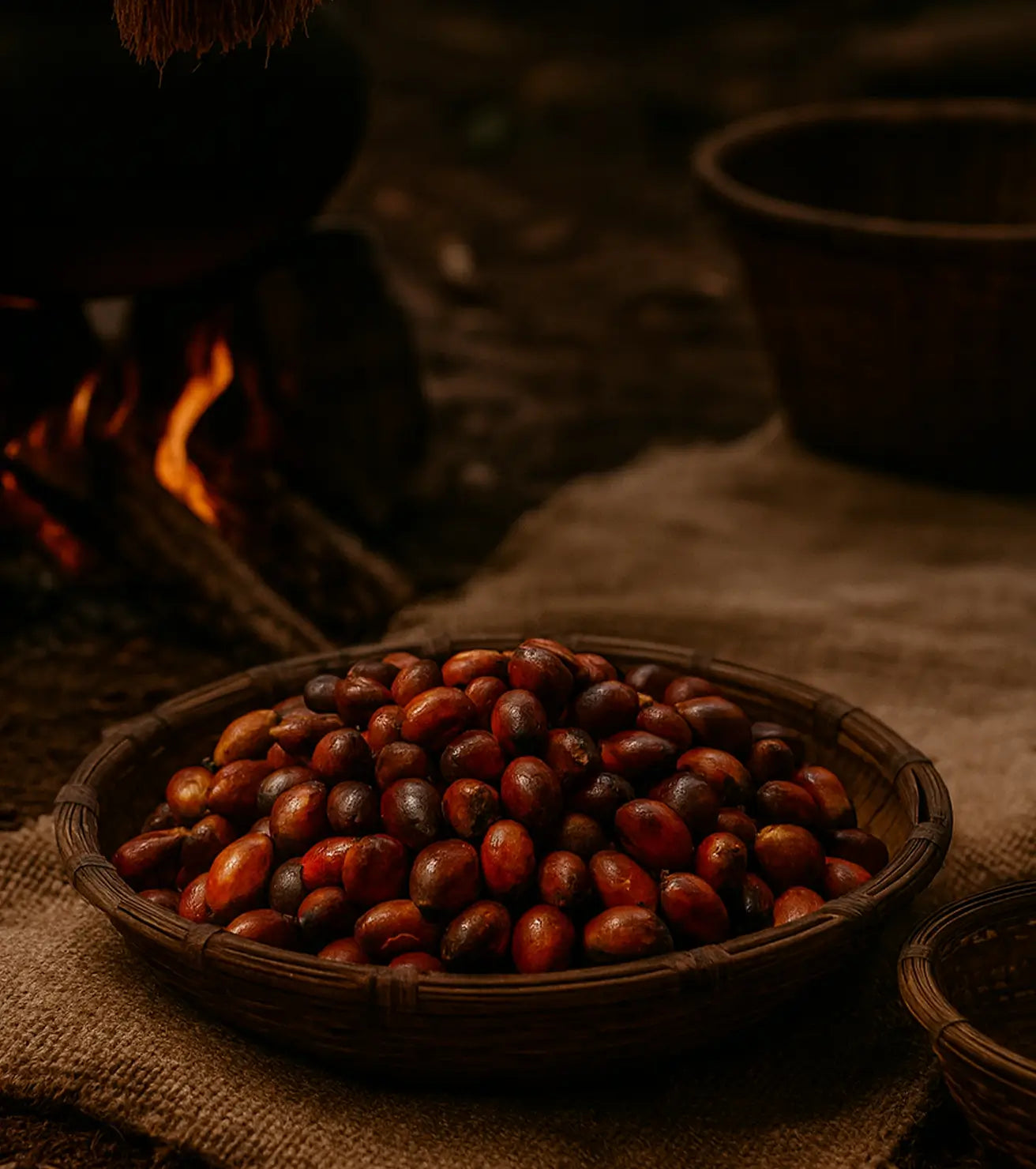 A woven basket filled with reddish-brown nuts sits on a cloth with a fire in the background.