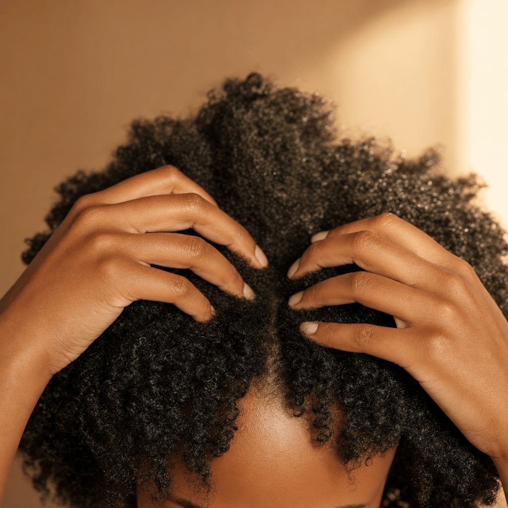 A close-up of a person's hands parting their dark, curly hair, revealing their scalp.