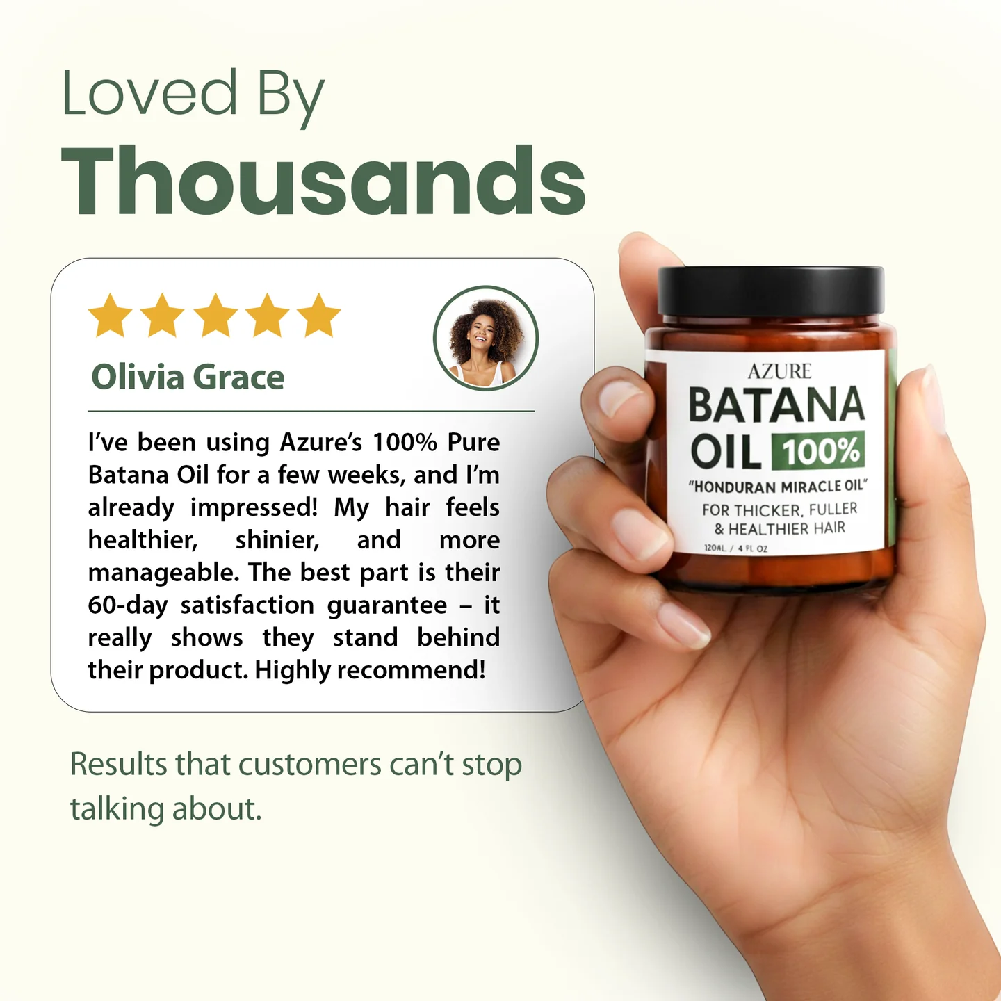A hand holds a jar of Azure Batana Oil next to a five-star customer review testimonial.