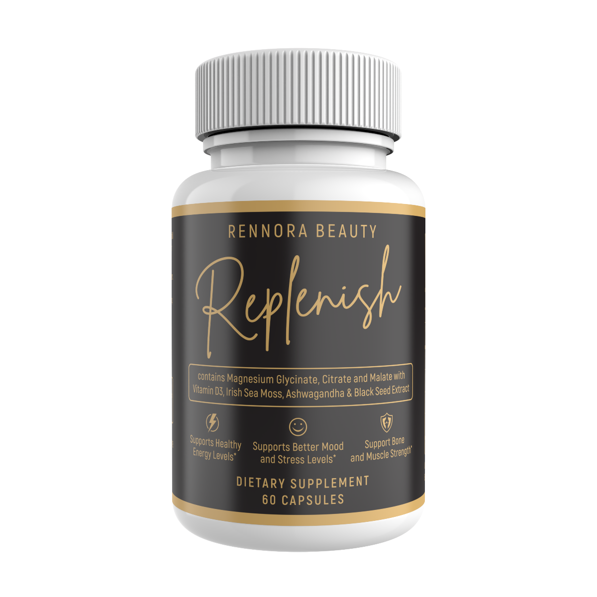 Bottle of Rennora Beauty Replenish dietary supplement with 60 capsules.