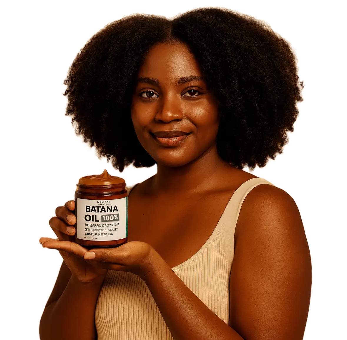 A smiling woman with natural hair holds up a jar of Batana Oil against a white background.