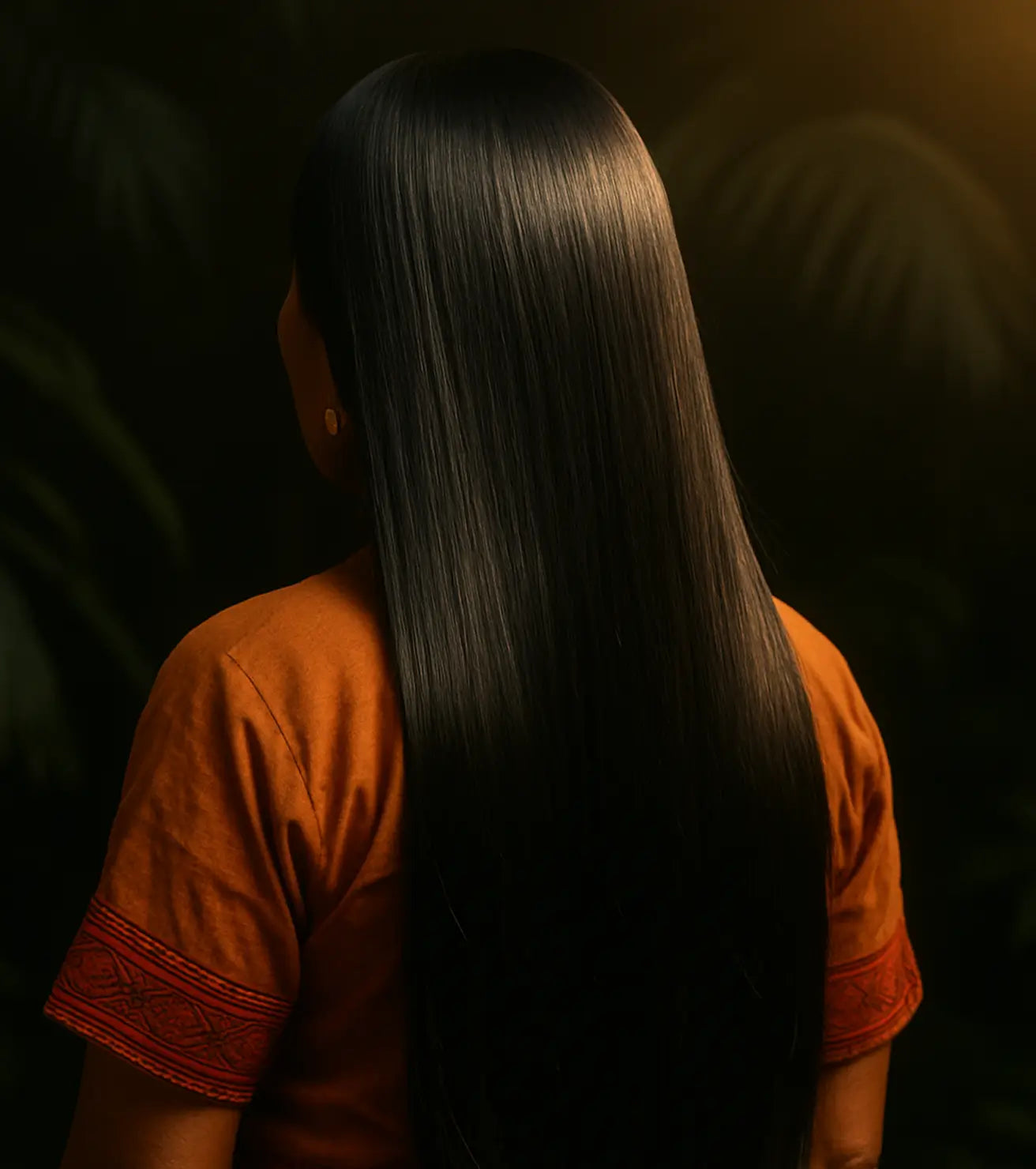 A rear view of a person with long, straight, shiny black hair against a dark background.