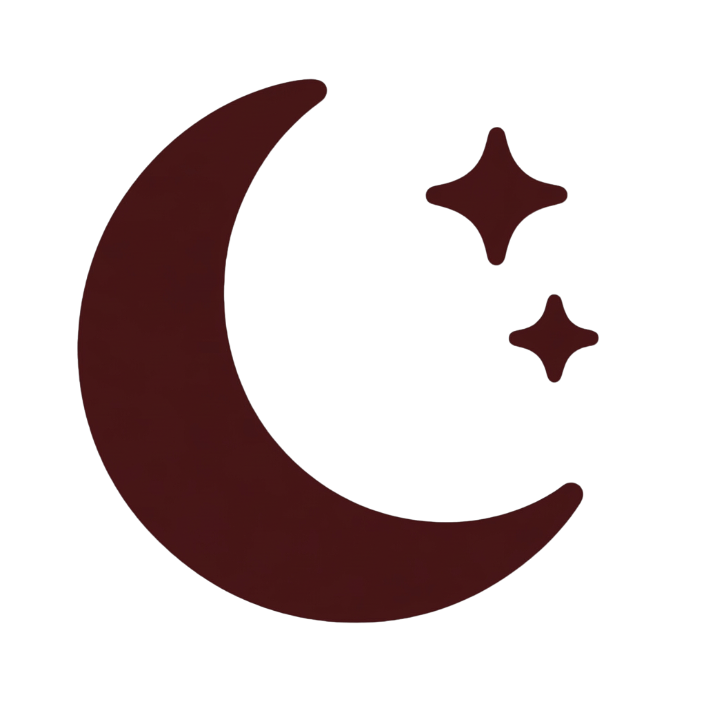 A dark red graphic icon of a crescent moon and two four-pointed stars on a white background.