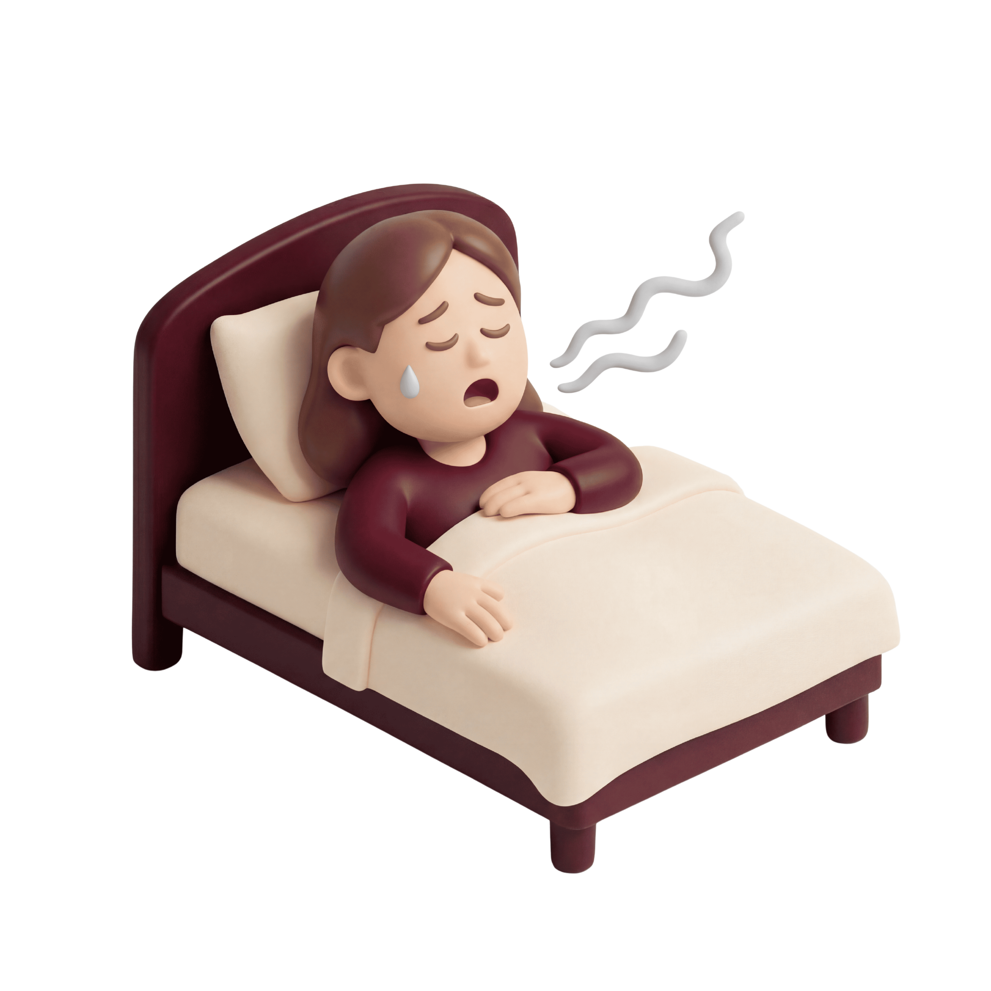 A 3D illustration of a woman looking unwell, crying and sighing while lying in bed.