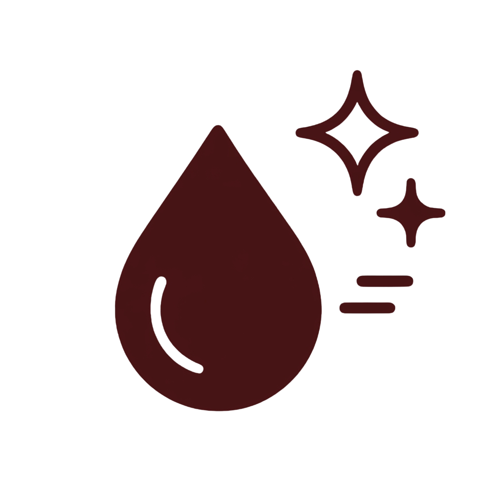 A graphic icon of a dark red droplet with sparkles to its right.