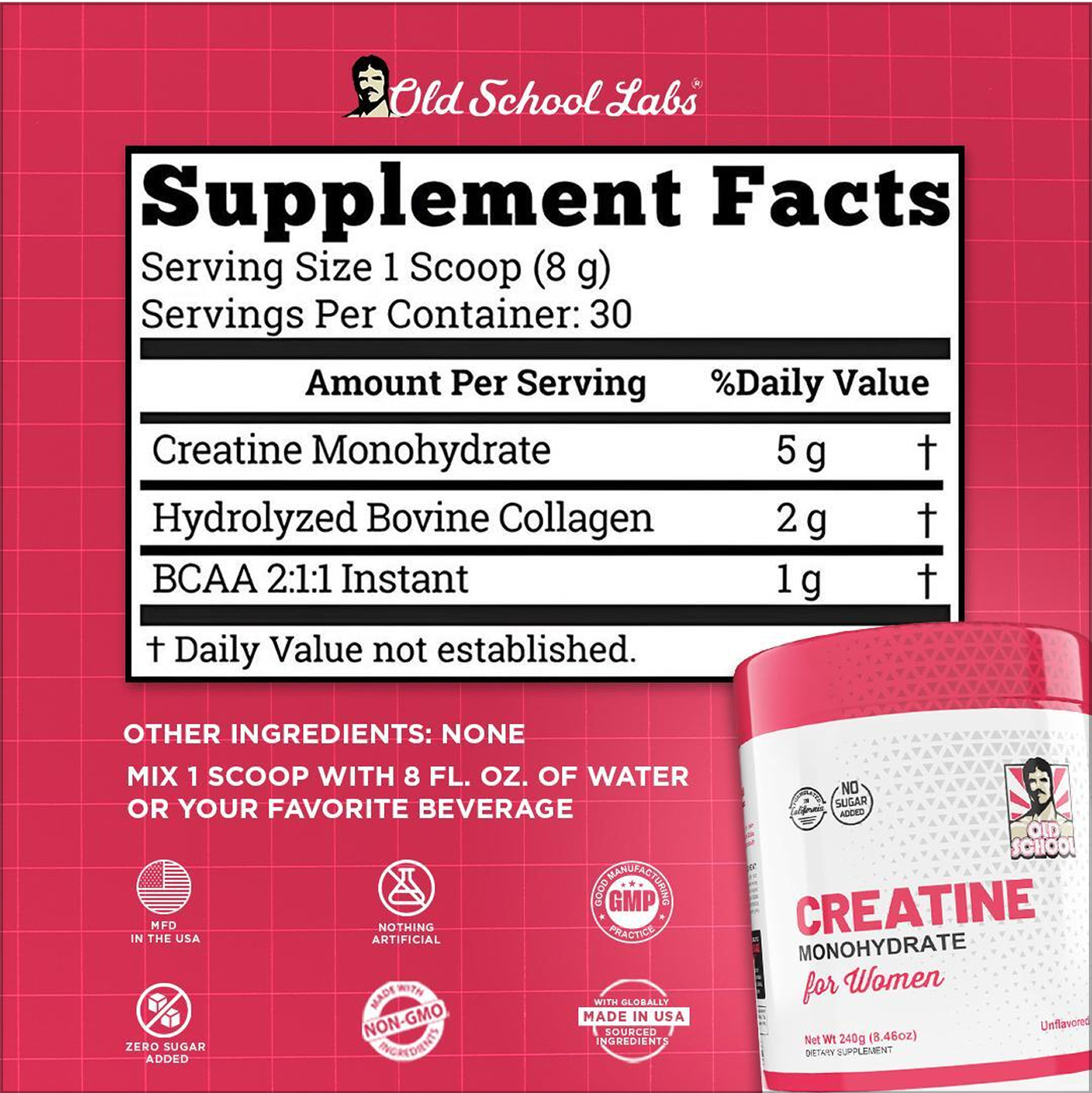 Supplement facts label for creatine monohydrate with additional product information.