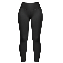 A front view of a pair of black, high-waisted leggings against a white background.