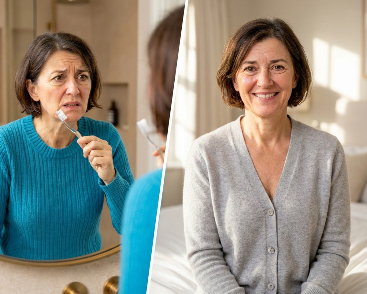 A split image of a woman looking concerned while brushing her teeth, and then smiling happily.