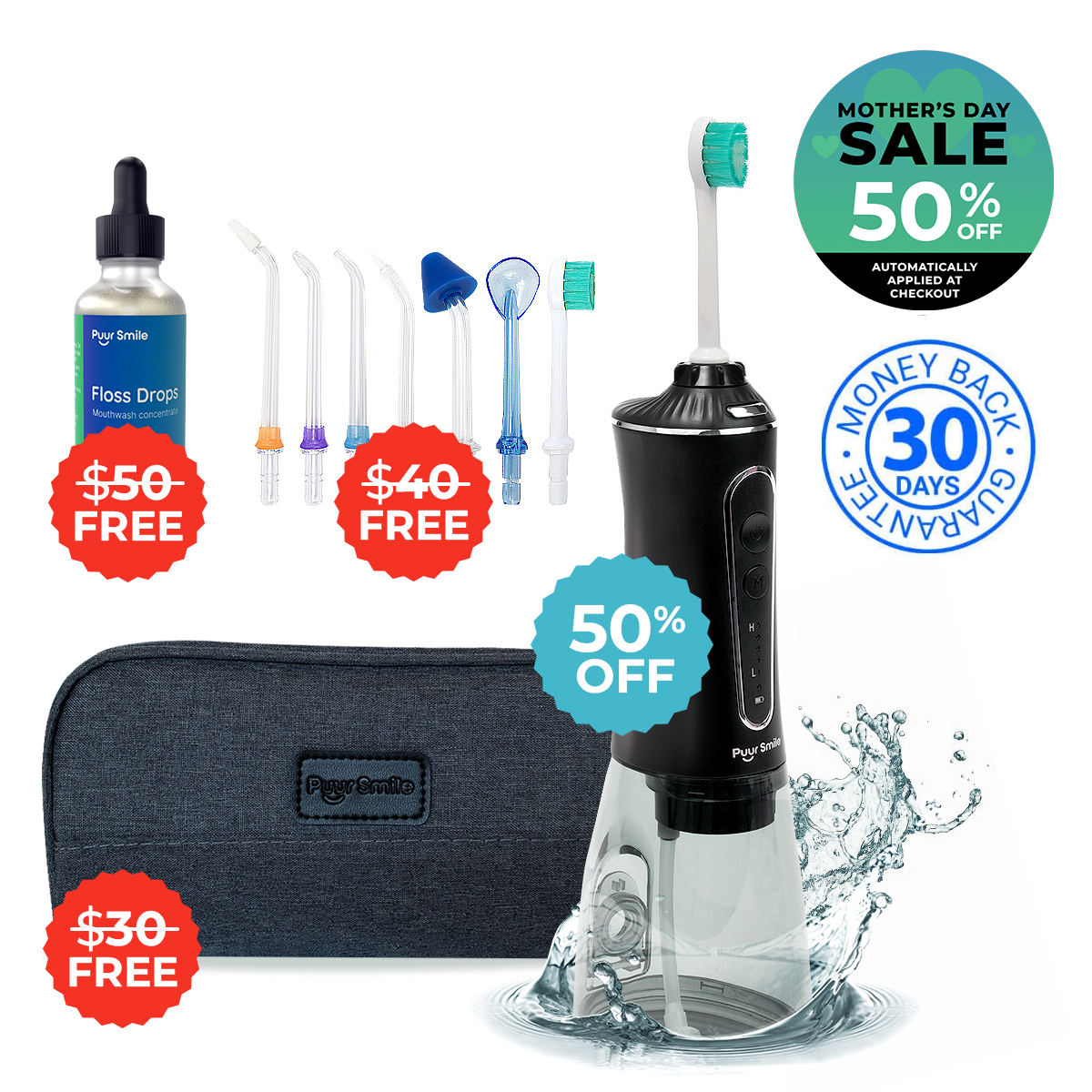 Dental care products with sale tags, including a water flosser, tips, and floss drops.