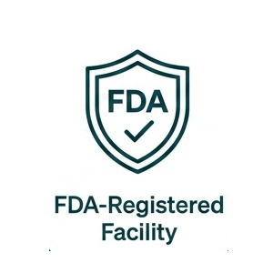 An icon of a shield with the letters FDA and a checkmark, with text below reading 'FDA-Registered Facility'.