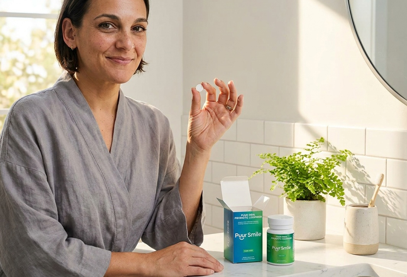 A woman in a grey robe holds up a small white tablet in a bathroom next to the product box.