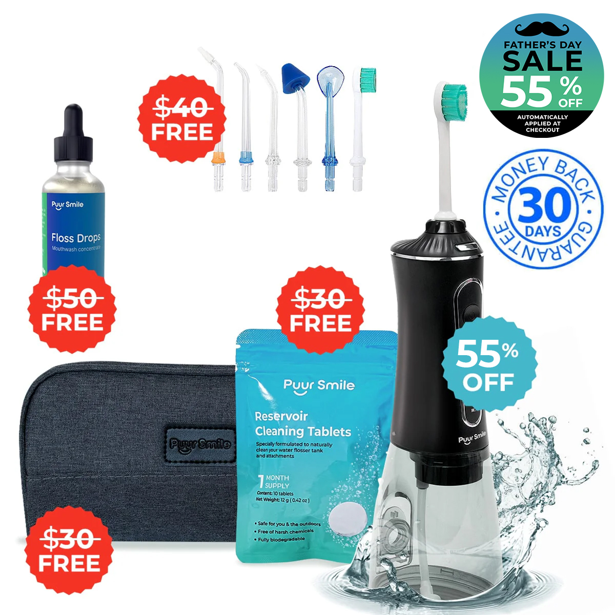 Dental care products with discounts and a 30-day money-back guarantee badge.