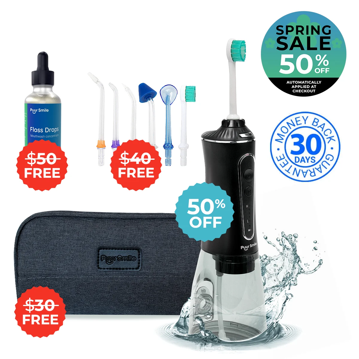 Dental product set with accessories, offering 50% off during a spring sale promotion.