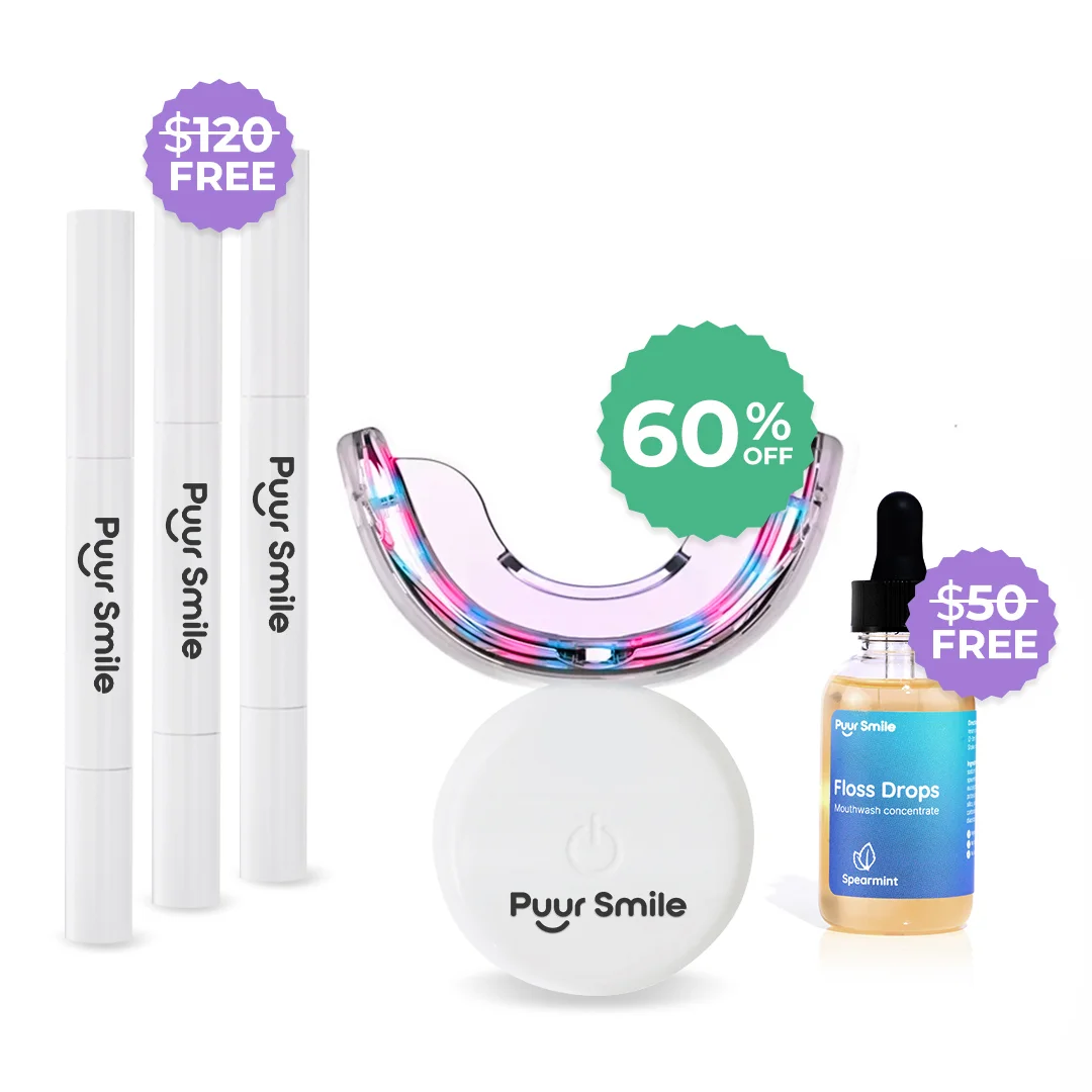 Puur Smile dental products with discount labels, including pens, LED device, and floss drops.