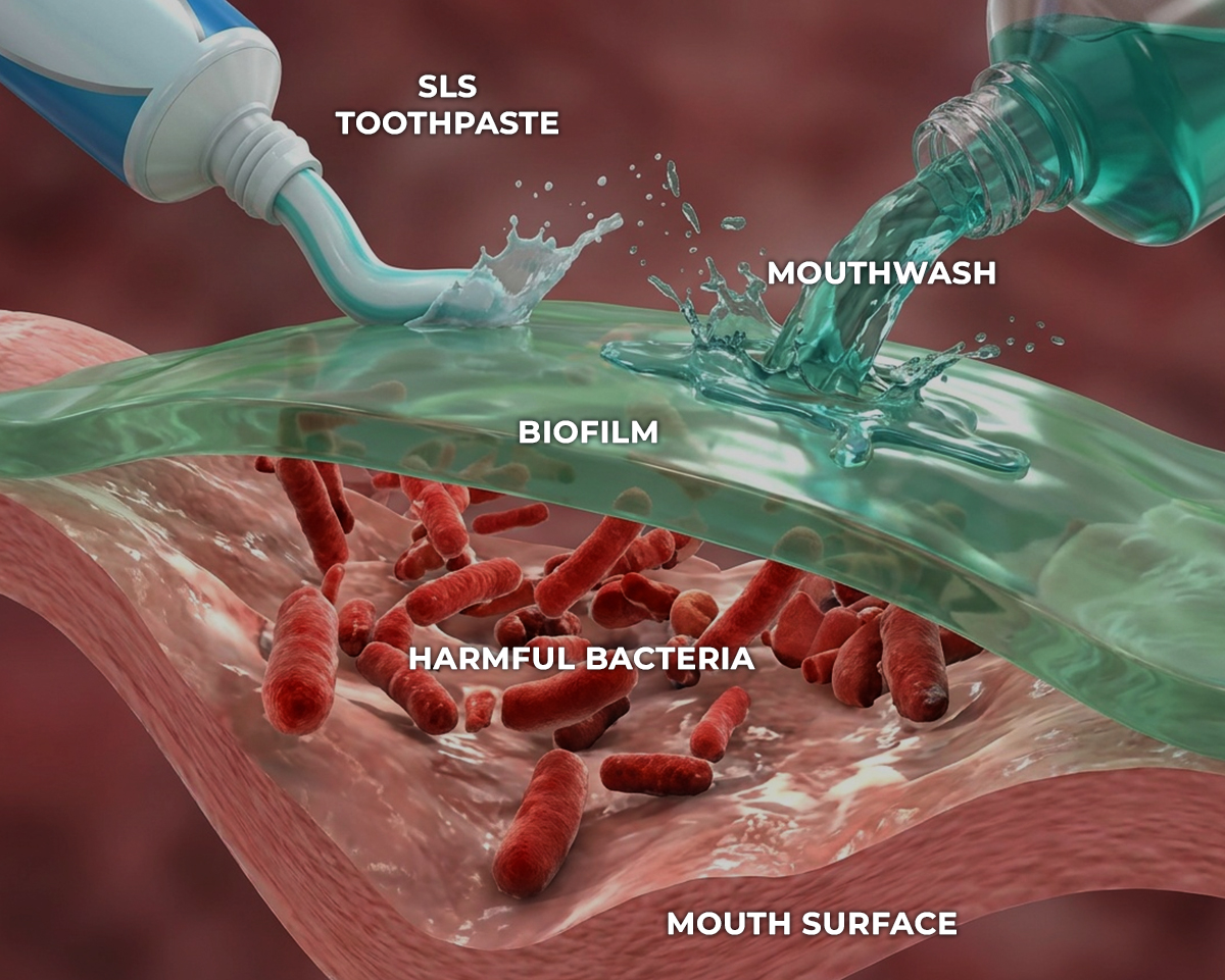 A diagram showing toothpaste and mouthwash being applied to biofilm and harmful bacteria on a mouth surface.