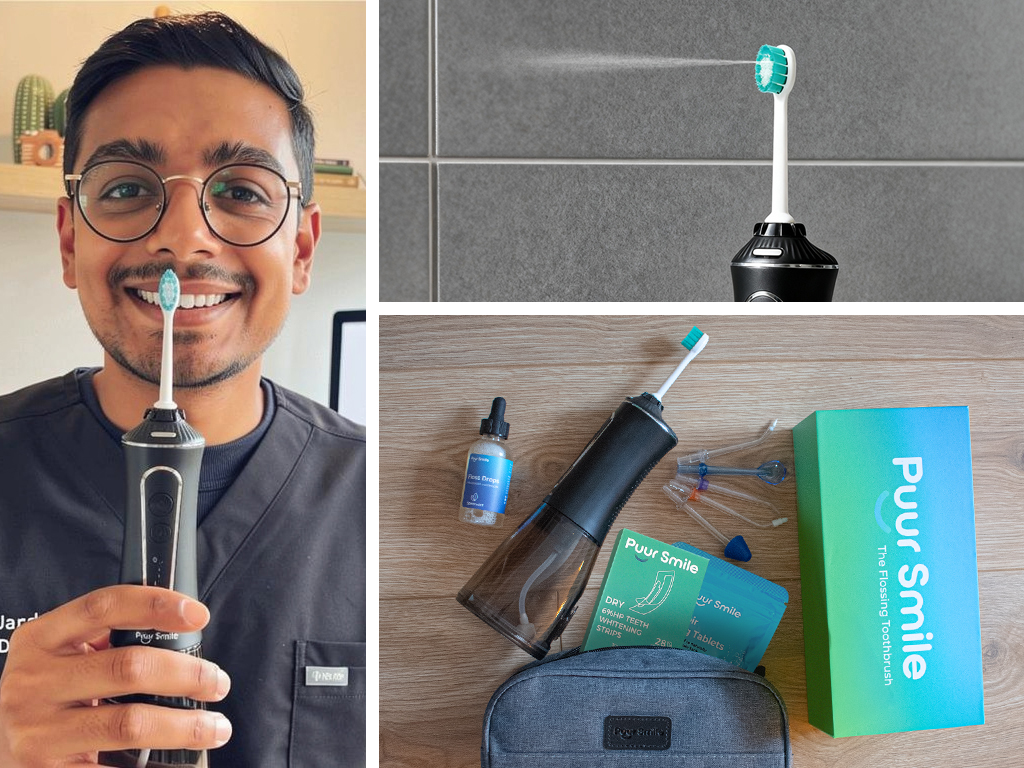 Man holding electric toothbrush, toothbrush spraying water, and Puur Smile product kit.