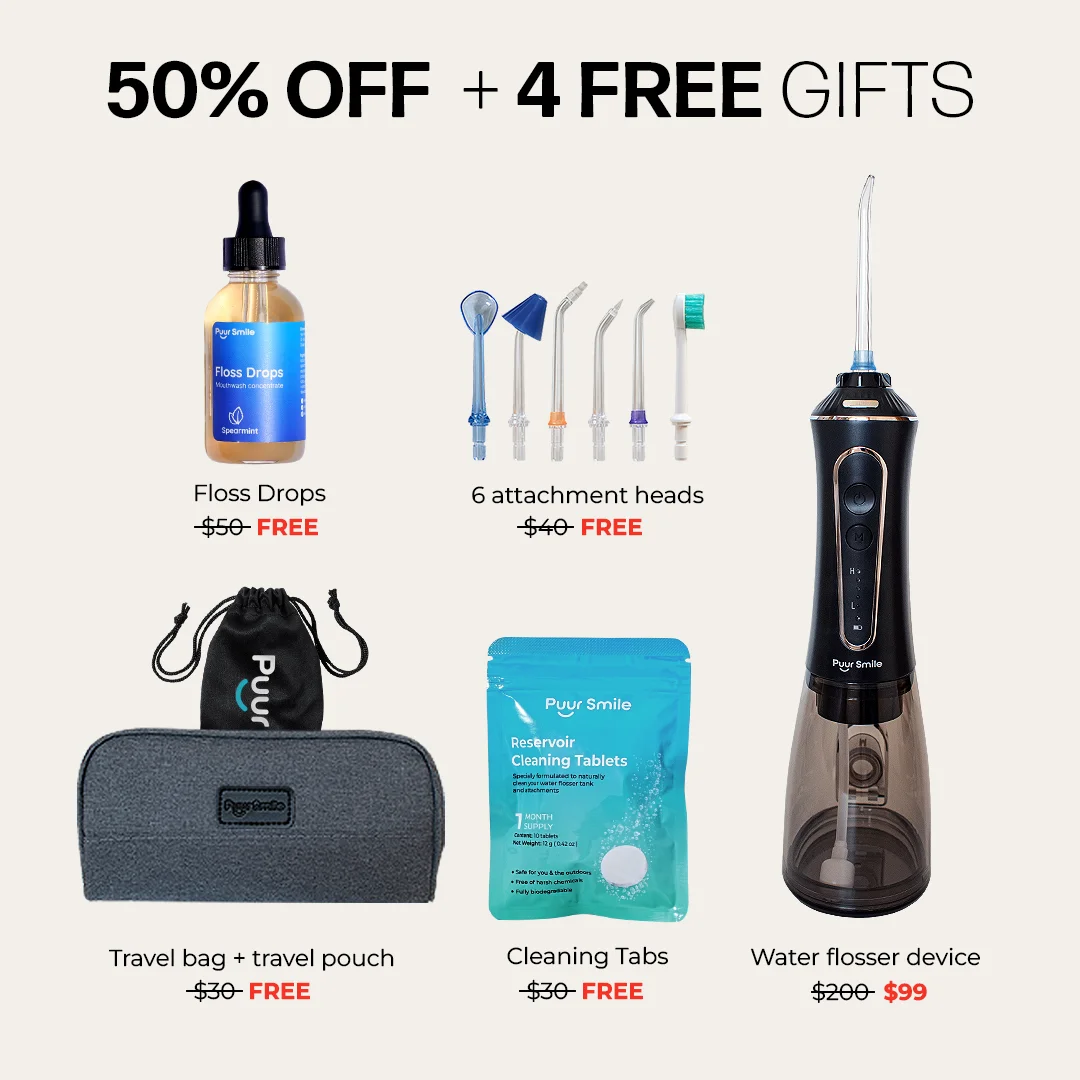 Promotional image of dental care products with discounts and free gifts.
