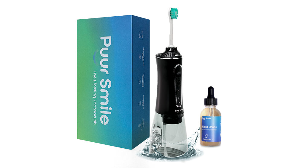 Electric toothbrush, product box, and floss drops bottle.