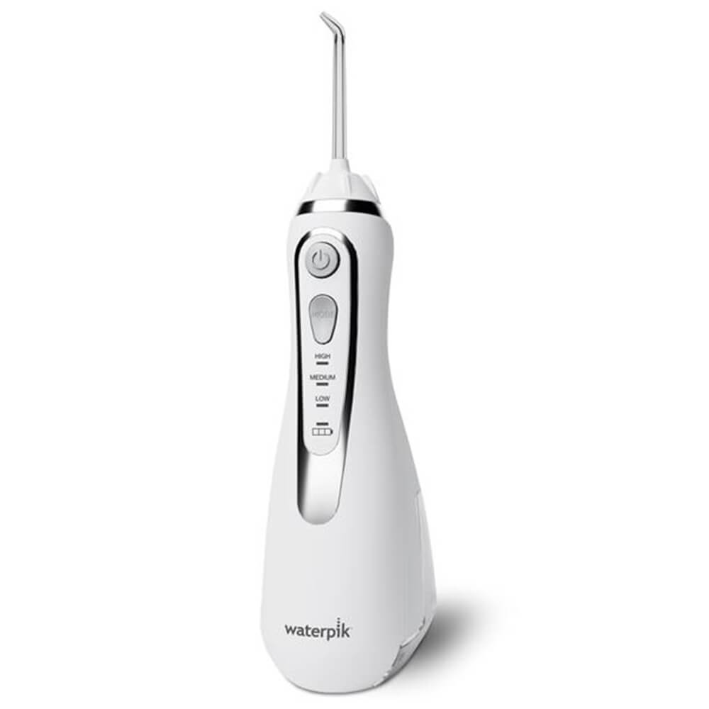 White cordless water flosser with control buttons and angled nozzle.