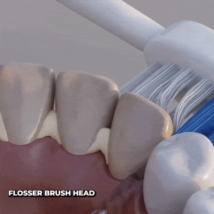 Animated image of a toothbrush cleaning between teeth with text 'Flosser Brush Head.'