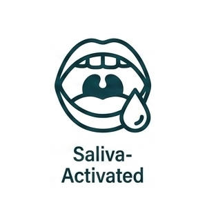 An icon of an open mouth with a drop of liquid, captioned 'Saliva-Activated'.