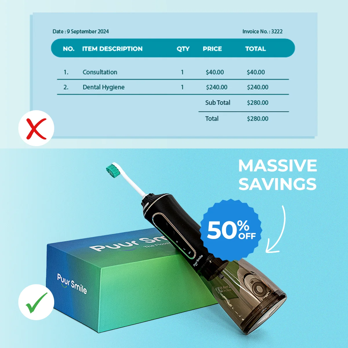 Electric toothbrush with box, 50% off, and dental invoice comparison.