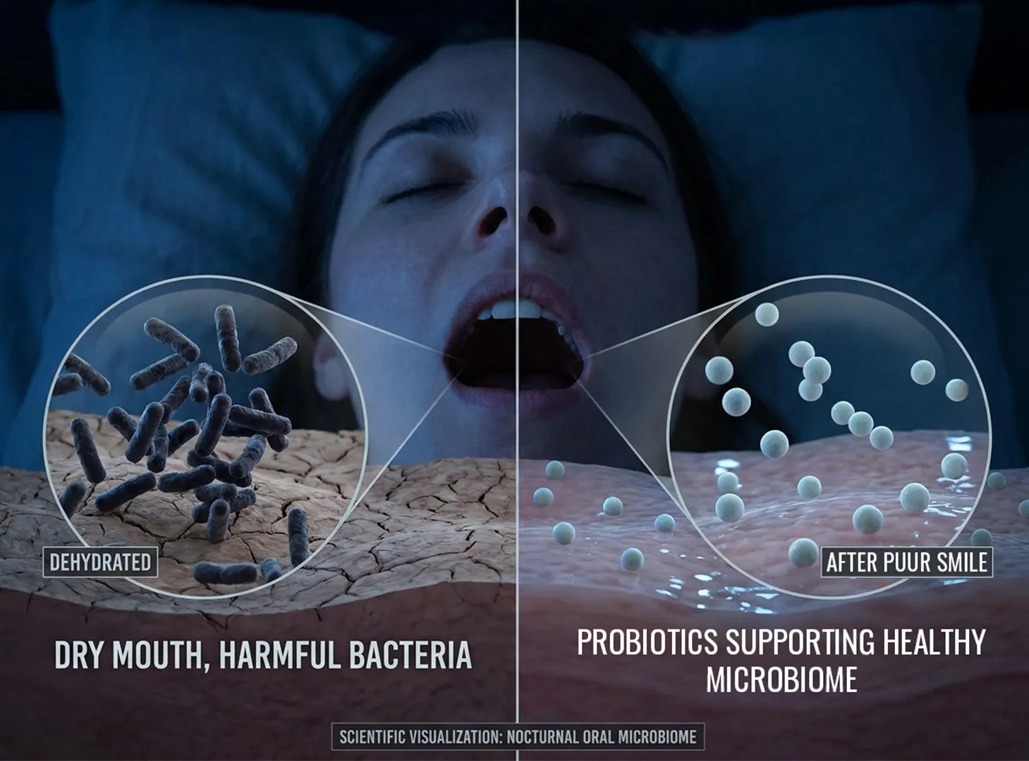 A scientific visualization comparing harmful and healthy bacteria in a sleeping woman's mouth.