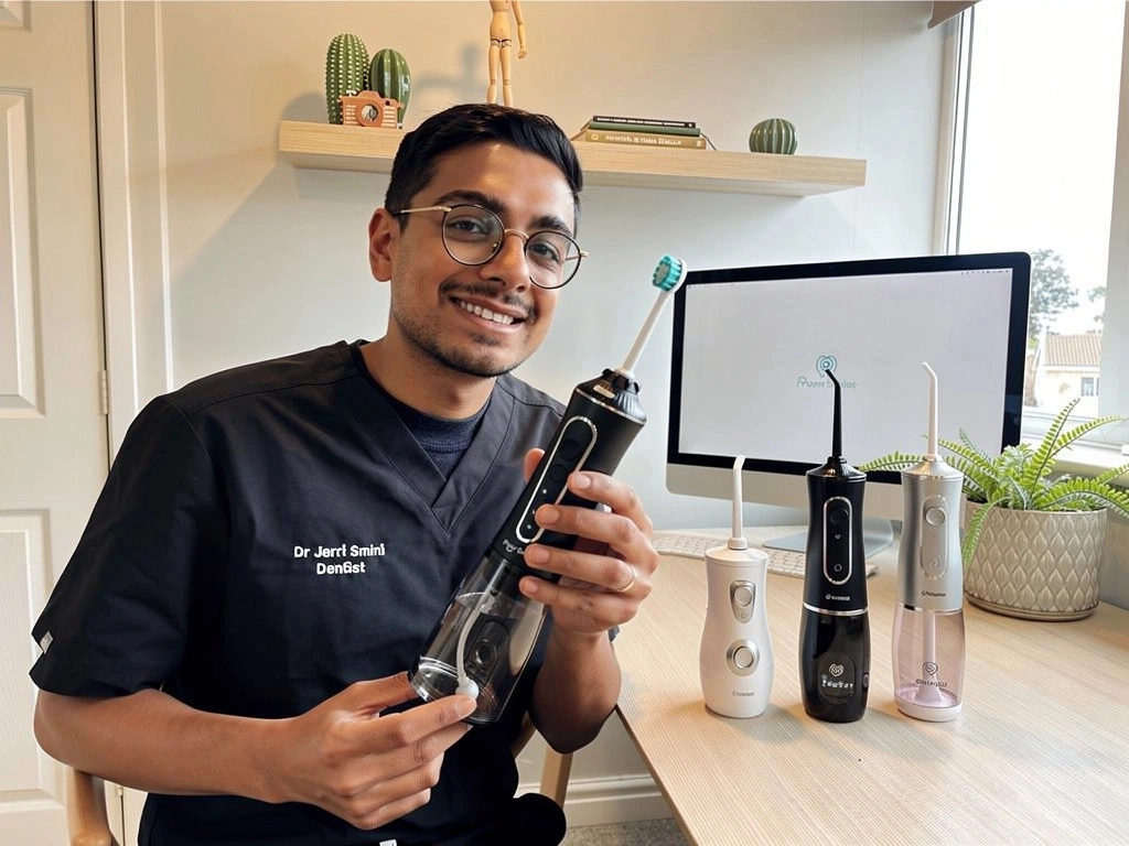 A person wearing scrubs holding a dental cleaning device beside similar devices on a desk.
