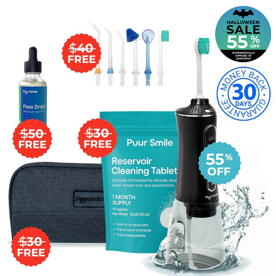 Dental care products with discounts, including a black water flosser, cleaning tablets, and accessory tips.