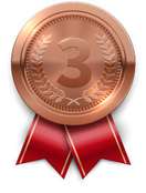 Bronze medal with a number three and a red ribbon.